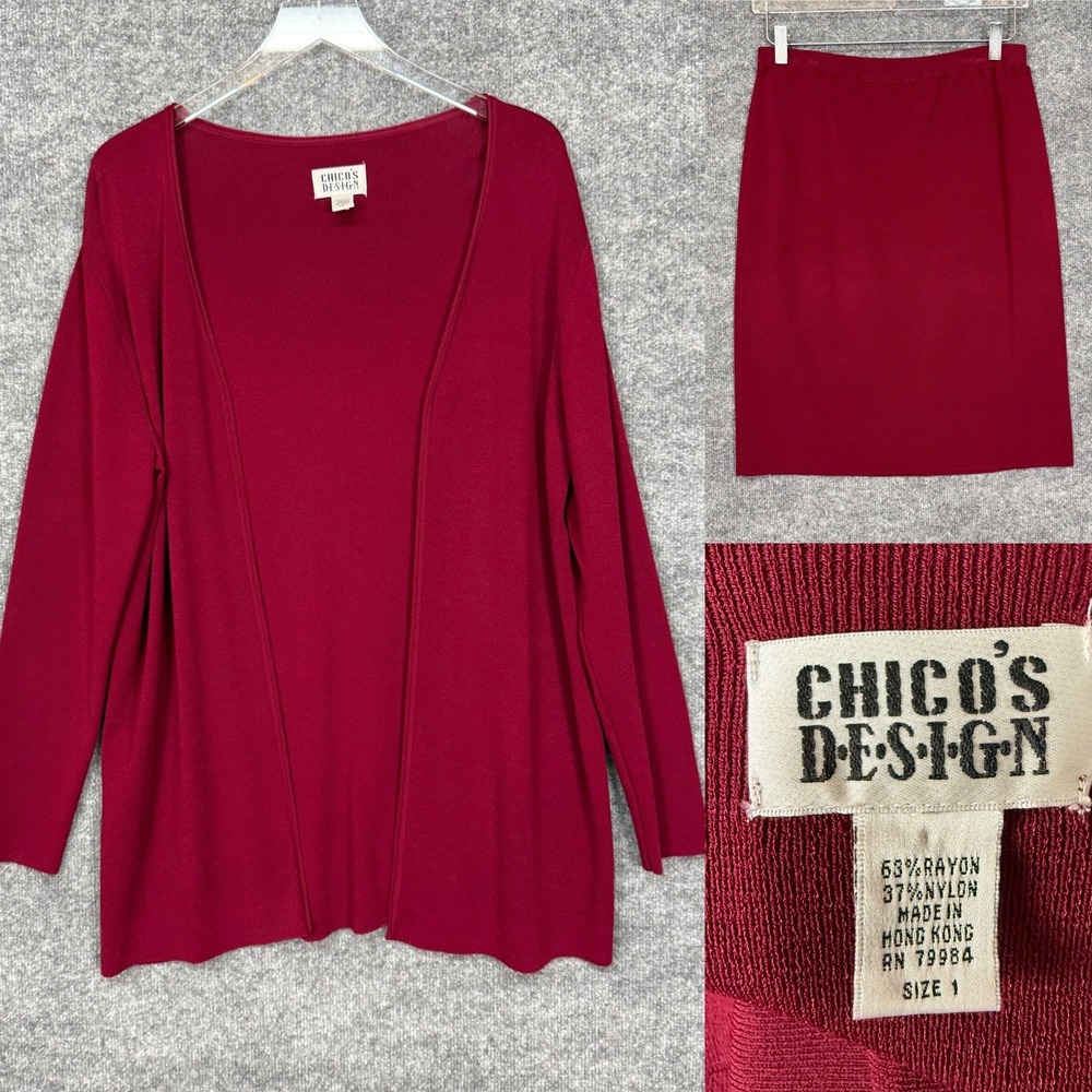 Chicos Design 2‎ Piece Set 1 Womens 8 Red Knit Cardigan Sweater Skirt Open Front